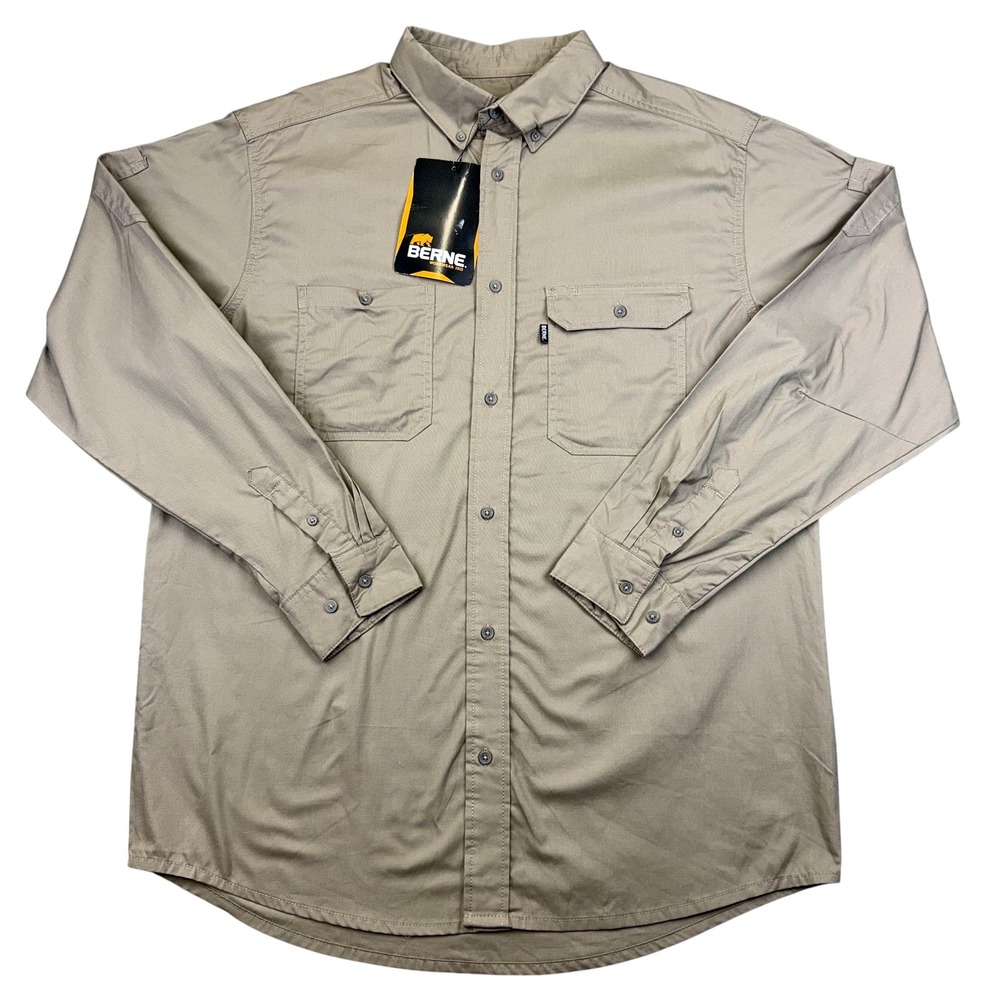 Berne Shirt Mens XLT Beige Lightweight Work‎ Button Up Long Sleeve Pockets